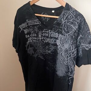 Guess Black V-neck Tee with Gray Graphic Design
